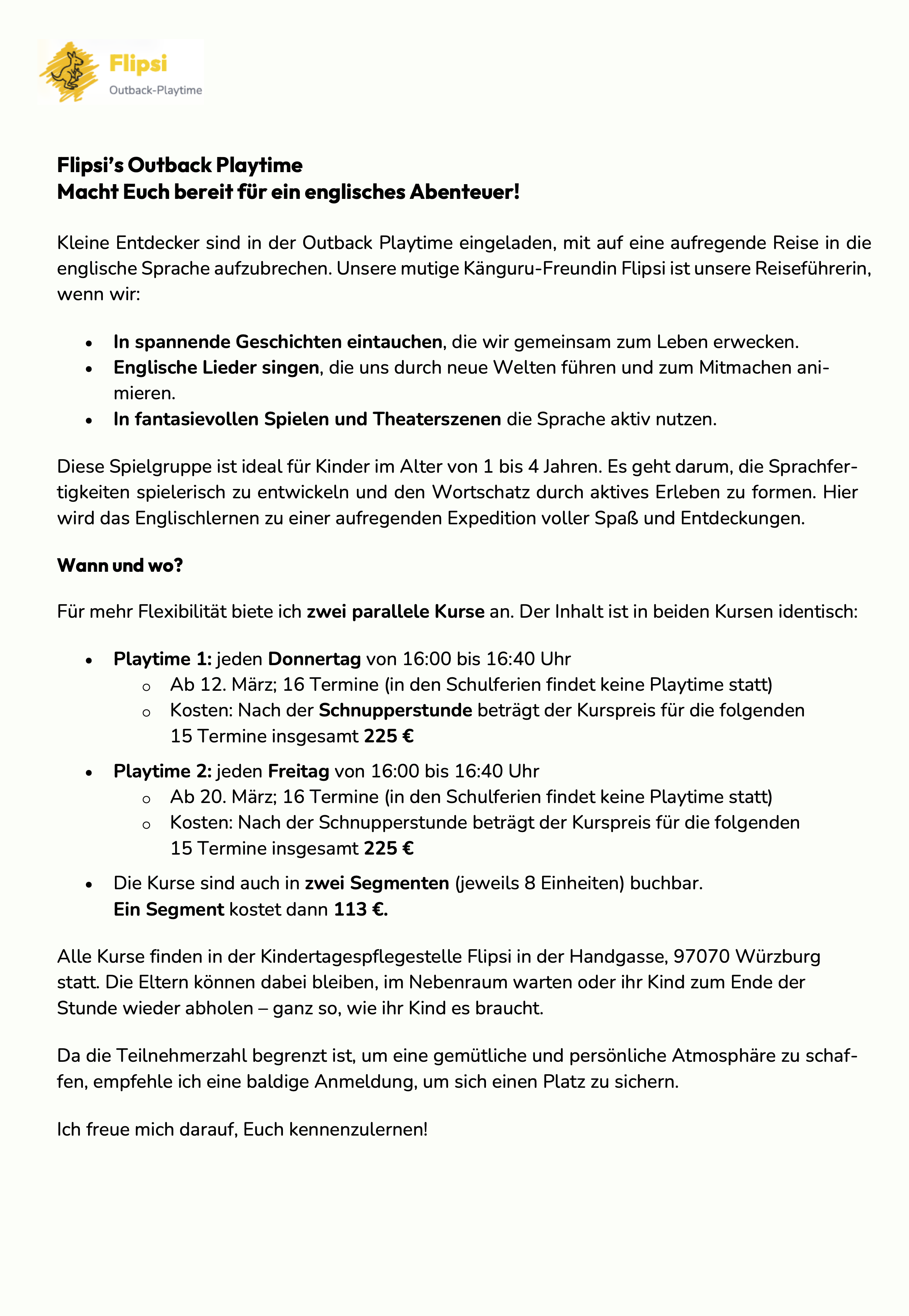 Flipsi's Outback Playtime - Englische Spielgruppe in W