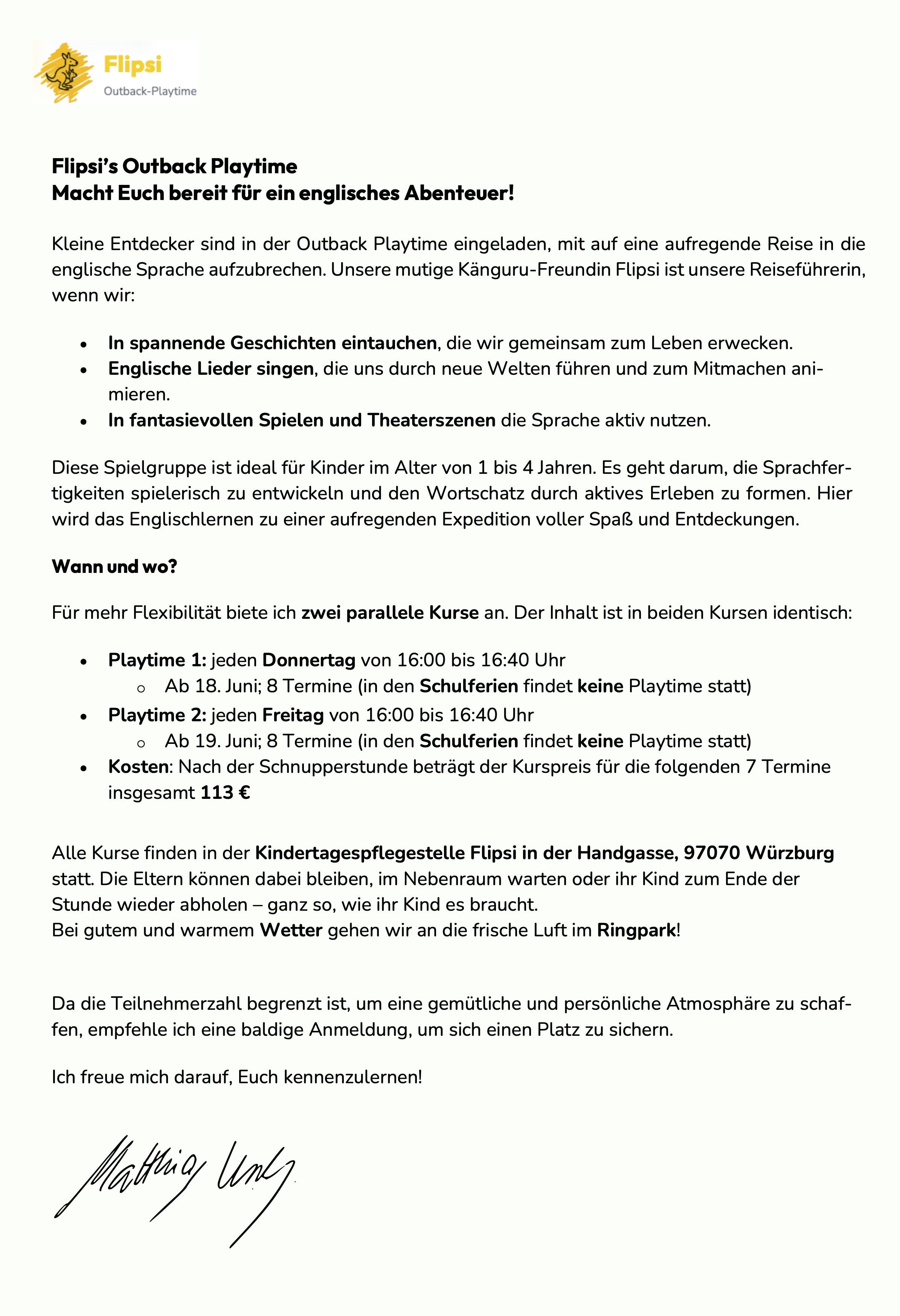 Flipsi's Outback Playtime - Englische Spielgruppe in W